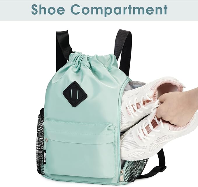 WANDF Drawstring Backpack Sports Gym Bag with Shoes Compartment, Water-Resistant String Backpack Cinch for Women Men (Small,Mint green)