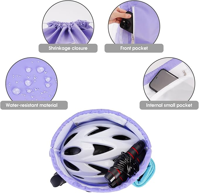 WANDF Drawstring Backpack Sports Gym Sackpack with Mesh Pockets Water Resistant String Bag for Women Men (Purple)
