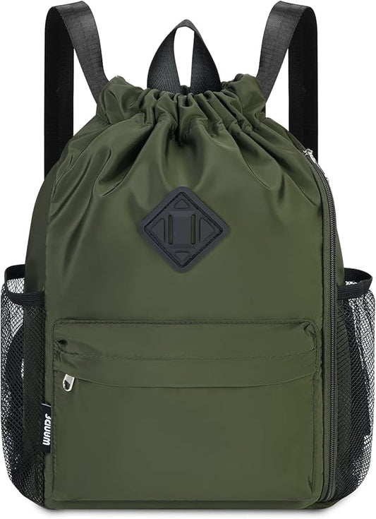 WANDF Drawstring Backpack Sports Gym Bag with Shoes Compartment, Water-Resistant String Backpack Cinch for Women Men (Small,Dark green)