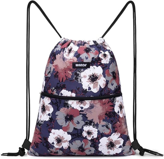 WANDF Drawstring Backpack String Bag Sackpack Cinch Water Resistant Nylon for Gym Shopping Sport Yoga (Blue Flower)