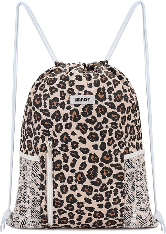 WANDF Drawstring Backpack Sports Gym Sackpack with Mesh Pockets Water Resistant String Bag for Women Men (Pink Leopard)