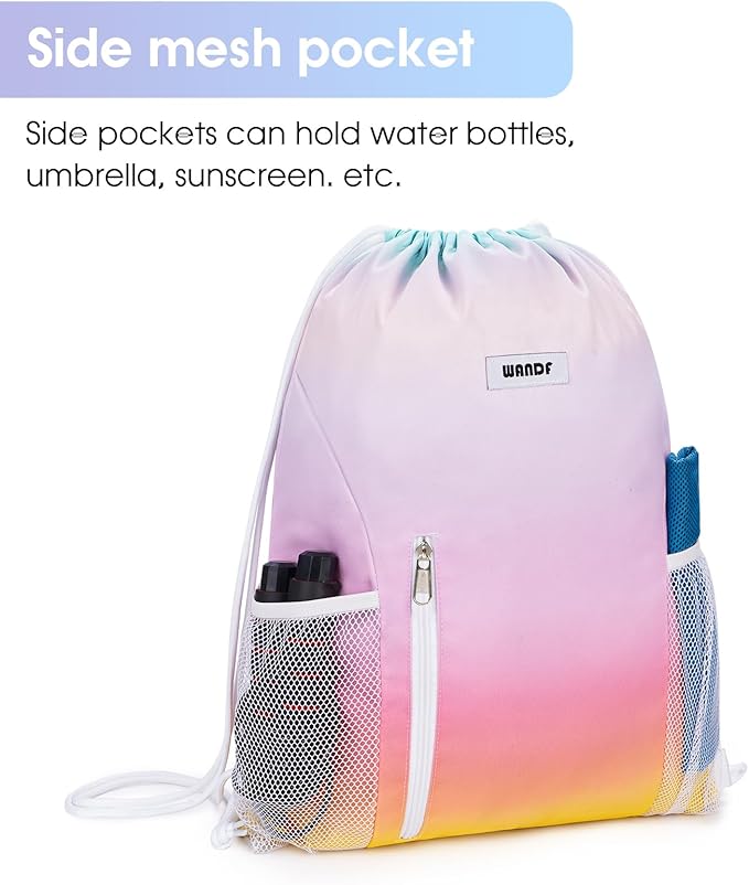 WANDF Drawstring Backpack Sports Gym Sackpack with Mesh Pockets Water Resistant String Bag for Women Men (Rainbow)