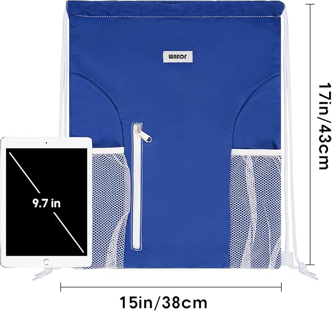 WANDF Drawstring Backpack Sports Gym Sackpack with Mesh Pockets Water Resistant String Bag for Women Men (Navy Blue)