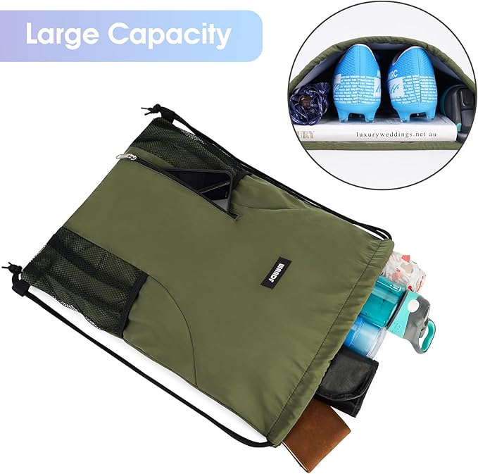 WANDF Drawstring Backpack Sports Gym Sackpack with Mesh Pockets Water Resistant String Bag for Women Men (Dark Green)