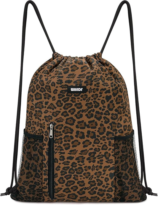 WANDF Drawstring Backpack Sports Gym Sackpack with Mesh Pockets Water Resistant String Bag for Women Men (Brown Leopard)
