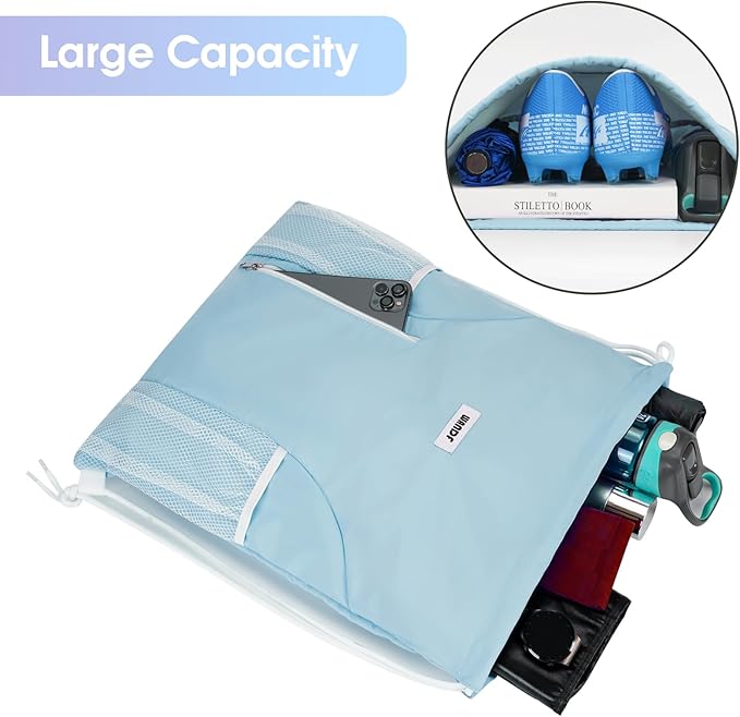 WANDF Drawstring Backpack Sports Gym Sackpack with Mesh Pockets Water Resistant String Bag for Women Men(Light Blue)