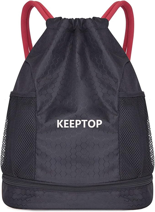 Drawstring Backpack Waterproof Training Gymsack Drawstring Strap Dry Wet Depart Daypack Swimming Yoga Sports Trvel Bags with String Bag Shoulder Rucksack (Black with Red Drawstring)