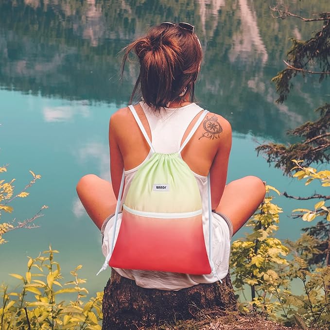 WANDF Drawstring Backpack String Bag Sackpack Cinch Water Resistant Nylon for Sport Yoga Gym Shopping (Red-Green Gradient)