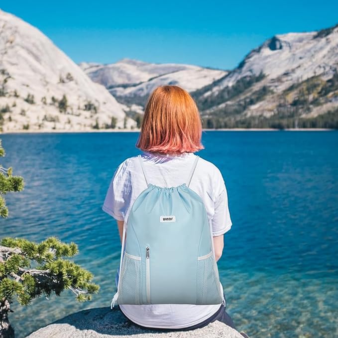 WANDF Drawstring Backpack Sports Gym Sackpack with Mesh Pockets Water Resistant String Bag for Women Men(Light Blue)