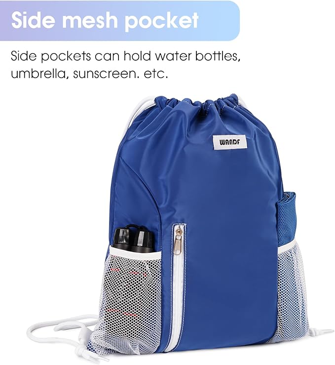 WANDF Drawstring Backpack Sports Gym Sackpack with Mesh Pockets Water Resistant String Bag for Women Men (Navy Blue)