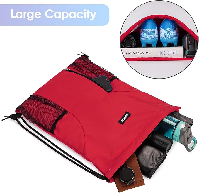 WANDF Drawstring Backpack Sports Gym Sackpack with Mesh Pockets Water Resistant String Bag for Women Men (Red)