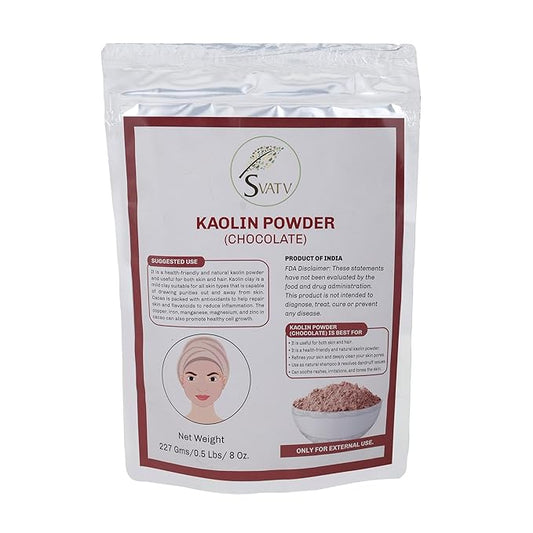 SVATV Kaolin Clay Chocolate Natural For Face Mask Herbal Skin Face Powder Makeup, Bath Bomb Clay, DYI Spa Mud Mask For Face & Hair & Soap Making For Men & Women 227g, Half Pound