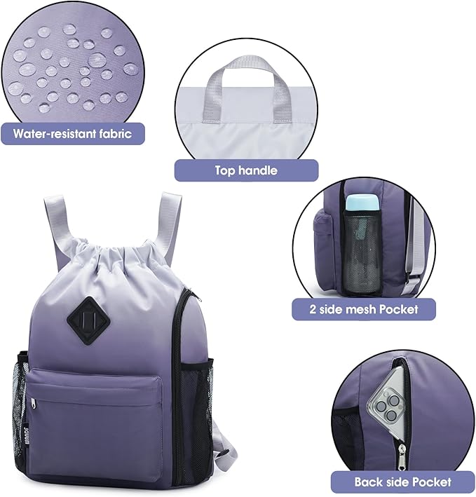 WANDF Drawstring Backpack Sports Gym Bag with Shoes Compartment, Water-Resistant String Backpack Cinch for Women Men (Small,Grey Gradient)