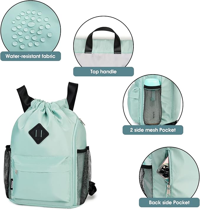 WANDF Drawstring Backpack Sports Gym Bag with Shoes Compartment, Water-Resistant String Backpack Cinch for Women Men (Small,Mint green)