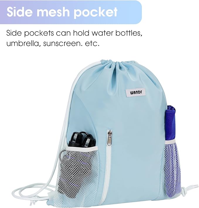 WANDF Drawstring Backpack Sports Gym Sackpack with Mesh Pockets Water Resistant String Bag for Women Men(Light Blue)