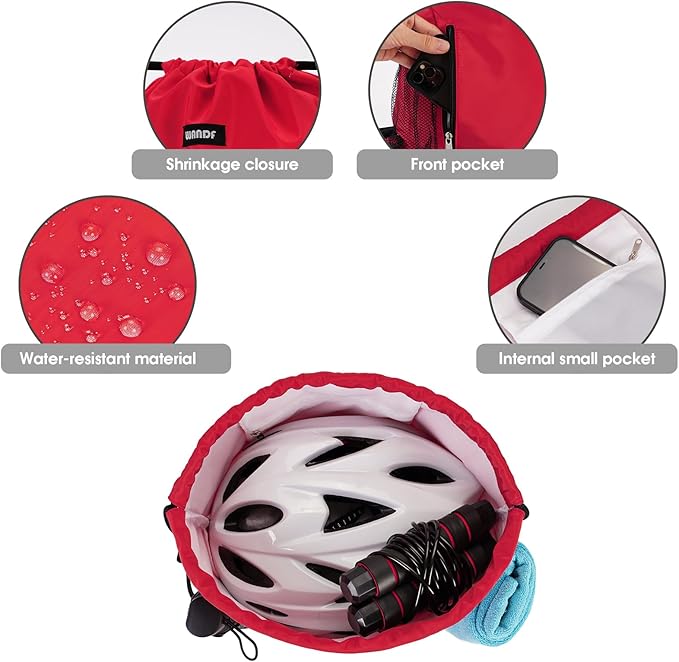 WANDF Drawstring Backpack Sports Gym Sackpack with Mesh Pockets Water Resistant String Bag for Women Men (Red)