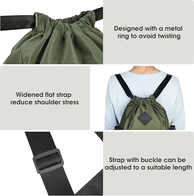 WANDF Drawstring Backpack Sports Gym Bag with Shoes Compartment, Water-Resistant String Backpack Cinch for Women Men (Small,Dark green)