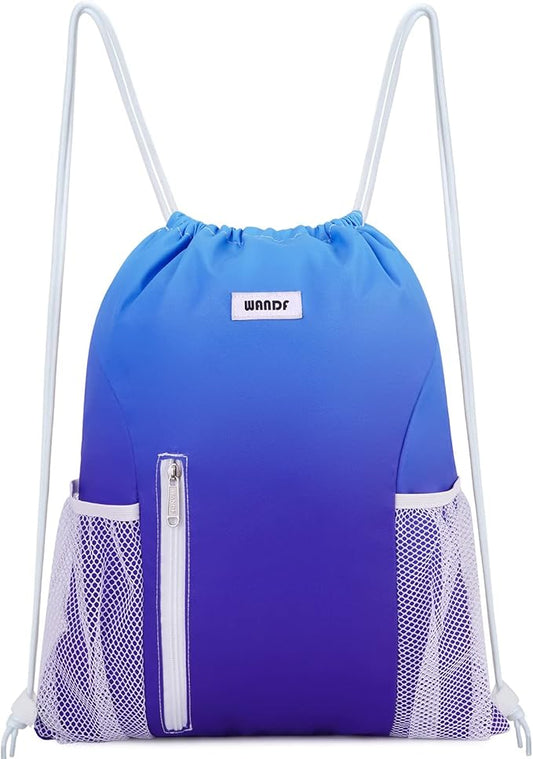 WANDF Drawstring Backpack Sports Gym Sackpack with Mesh Pockets Water Resistant String Bag for Women Men (Blue)
