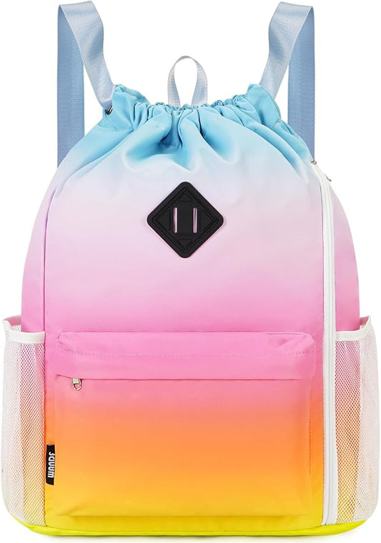WANDF Drawstring Backpack Sports Gym Bag with Shoes Compartment, Water-Resistant String Backpack Cinch Bag for Women Men (Rainbow)