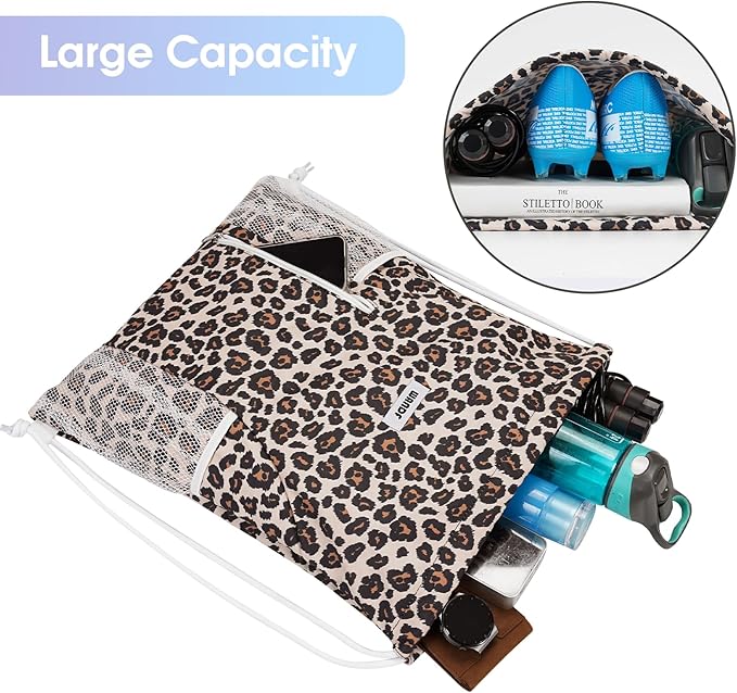 WANDF Drawstring Backpack Sports Gym Sackpack with Mesh Pockets Water Resistant String Bag for Women Men (Pink Leopard)