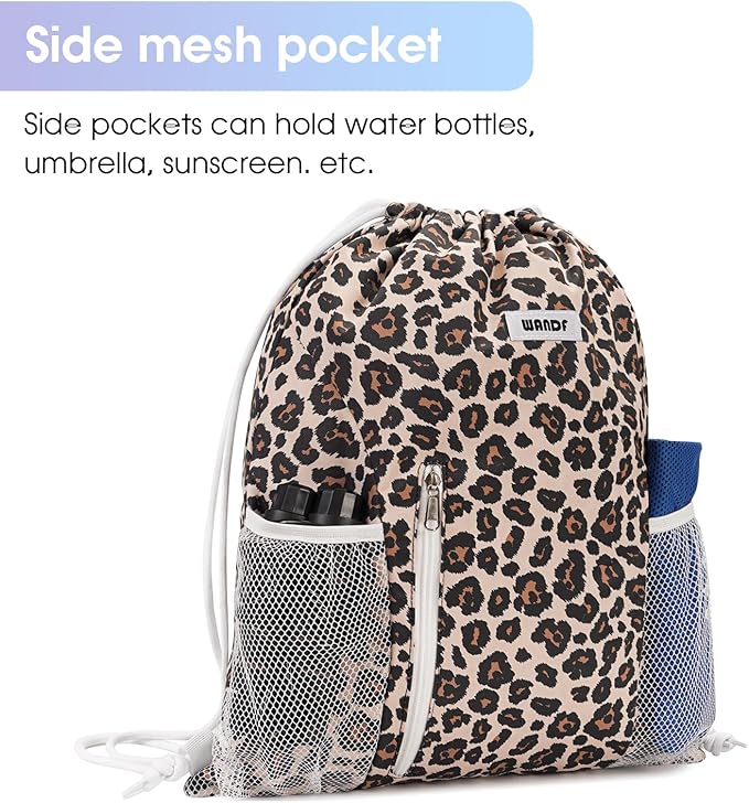 WANDF Drawstring Backpack Sports Gym Sackpack with Mesh Pockets Water Resistant String Bag for Women Men (Pink Leopard)